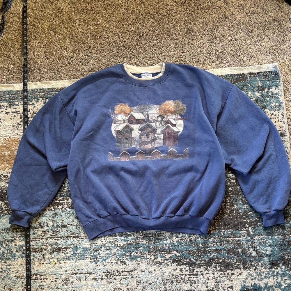 Vintage Jerzees Women’s XL Heavy Cotton Blue Graphic Nature Winter Crewneck